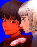  2girls bangs berserk blonde_hair blue_background blue_eyes blunt_bangs brown_eyes brown_hair casca_(berserk) close-up closed_mouth farnese_(berserk) flower hair_between_eyes highres light_smile looking_at_viewer looking_to_the_side multiple_girls nisino2222 pink_flower smile 