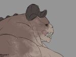  2022 anthro bethesda_softworks big_muscles black_sclera brown_body deathclaw fallout fangs female hi_res horn huge_muscles hyper hyper_muscles lowndrawthing monster muscular open_mouth orange_eyes pecs ridges scar scars_all_over sharp_teeth side_view simple_background solo solo_focus spikes teeth thick_neck 