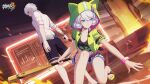  1boy 1girl baseball_bat black_shorts hand_on_floor highres holding holding_weapon honkai_(series) honkai_impact_3rd kevin_kaslana kiana_kaslana logo looking_at_viewer looking_to_the_side official_alternate_costume official_art official_wallpaper shirt short_hair shorts smile weapon white_hair white_shirt 