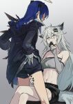  2girls absurdres animal_ears arknights bandeau bare_shoulders black_jacket black_shorts blue_hair elbow_gloves fingerless_gloves gloves grey_background grey_gloves grey_hair haidan_uniiii hair_ornament hairclip halo highres horns jacket lappland_(arknights) long_hair long_sleeves looking_at_another midriff mostima_(arknights) multiple_girls navel shorts sitting standing stomach strapless tail thighs tube_top wolf_ears wolf_tail yuri 