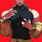  1boy abs black_leotard black_lips black_nails blonde_hair bracelet dio_brando earrings evil_smile fangs grabbing_own_pectorals hands_on_own_chest highres jacket jewelry jojo_no_kimyou_na_bouken large_pectorals leotard long_hair long_sleeves makeup male_focus muscular muscular_male pants pectorals red_background shenshan_laolin simple_background smile solo stardust_crusaders vampire yellow_jacket yellow_pants 