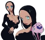  1girl animal aqua_eyes black_dress black_hair black_nails breasts cleavage cowboy_shot dress forehead gell_(hunter_x_hunter) hunter_x_hunter large_breasts lips long_hair long_sleeves looking_at_viewer multiple_views simple_background snake upper_body white_background whoopsatro 