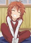  1girl closed_eyes koshigaya_natsumi non_non_biyori red_hair shirosame sitting socks solo teeth 