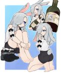  1girl alcohol animal_ears barefoot blue_eyes bottle bracelet buttons commission earrings empty_eyes english_text feet gradient_background grey_hair hair_over_one_eye hand_in_own_hair hands_on_own_legs highres holding holding_bottle jarael_(rayer) jewelry legs multiple_views off_shoulder original outline photo_(object) rabbit_ears rabbit_girl rabbit_tail ribbon ring shorts signature sleeve_ribbon softhanten soles sweatdrop tail toenails toes wedding_ring white_outline wine wine_bottle 