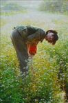  1girl armband bending bent_over black_hair floral_background flower grass leaf looking_at_viewer lowres military nature non-web_source oil_painting_(medium) original painting_(medium) realistic short_hair traditional_media uniform white_flower zhang_da_zhong 