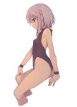  1girl arm_support ass bare_shoulders black_one-piece_swimsuit breasts cropped_legs everyntrge expressionless from_side grey_eyes grey_hair highleg highleg_swimsuit highres one-piece_swimsuit original profile short_hair sidelocks simple_background sitting small_breasts solo swimsuit wet white_background wristband 