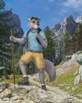  anthro backpack belt black_horn blue_clothing blue_shirt blue_sky blue_topwear bottomwear canid canine clothed clothing cloud day demon fingers footwear fox fully_clothed fur grey_body grey_fur grey_tail hi_res hiking holding_object horn hybrid landscape mammal nick_(nick73188) outside rov shirt signature sky socks topwear white_clothing white_footwear white_socks yellow_bottomwear yellow_clothing 