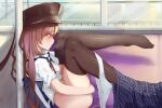  1girl absurdres alternate_hairstyle blue_necktie blue_skirt blush bottomless brown_hair brown_headwear brown_thighhighs chinese_commentary clothes_pull commentary_request contemporary feet female_masturbation from_side hair_down hat highres hu_tao_(genshin_impact) knees_to_chest leaning_back legs long_hair loose_necktie masturbation necktie no_shoes open_mouth panties panties_around_one_leg panty_pull plaid plaid_skirt pleated_skirt porkpie_hat profile public_indecency reclining school_uniform shirt short_sleeves sitting skirt skirt_pull solo symbol-shaped_pupils thighhighs toes train_interior underwear variant_set white_shirt window yosola_pl 