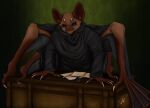  4_wings 5_fingers absurd_res anthro bat black_cloak black_clothing black_wings blue_eyes brown_body brown_desk brown_ears brown_fur brown_nose clawed_wings claws clothing desk fingers fur furniture green_background green_wall hi_res horn inkwell long_fingers male male_(lore) mammal mr._ventures multi_wing old_setting paper simple_background solo sunless_skies table white_claws wings wyatttheriot 