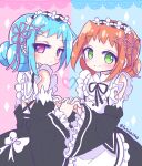  2girls absurdres ally_(puyopuyo) apron bangs black_dress blue_hair blush brown_hair dress futaba969649 green_eyes highres holding_hands looking_at_viewer maid maid_apron maid_headdress multiple_girls purple_eyes puyopuyo rafisol_(puyopuyo) smile white_apron 