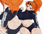  1girl black_shorts brown_eyes copyright_name dimples_of_venus hand_up long_sleeves looking_at_viewer midriff multiple_views nami_(one_piece) navel one_piece orange_hair outline ponytail shorts simple_background smile white_background white_outline whoopsatro 