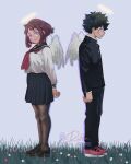  1boy 1girl black_footwear black_pants black_skirt blue_eyes boku_no_hero_academia brown_hair brown_pantyhose couple dreamyart ethereal feathered_wings gakuran grass hetero highres looking_at_viewer midoriya_izuku neckerchief ochaku_uraraka outdoors pants pantyhose purple_eyes r1ko_266 red_footwear red_neckerchief school_uniform shirt skirt standing uraraka_ochako watermark white_background white_shirt white_wings wings 