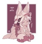  1girl :d animal_ears body_fur border character_request full_body furry furry_female indian_style looking_at_viewer made_in_abyss mawaru_(mawaru) open_mouth purple_background sitting smile solo whiskers white_border 