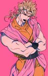  1boy alternate_costume black_lips blonde_hair closed_mouth crossed_arms dio_brando earrings head_tilt highres jewelry jojo_no_kimyou_na_bouken long_hair looking_at_viewer male_focus muscular muscular_male official_alternate_costume pink_background scar scar_on_neck shenshan_laolin simple_background solo stardust_crusaders wristband yellow_eyes 