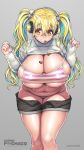  1girl aqua_hair belly between_breasts bikini bikini_bottom_only blonde_hair breasts bursting_breasts candy character_name chocolate clothes_lift clothes_pull food grey_background grey_sweater grin headphones heart heart-shaped_chocolate highres huge_breasts long_hair mouth_hold multicolored_hair nitroplus open_clothes open_shorts plump shorts shorts_pull simple_background sleeves_past_wrists smile solo sports_bra strap_pull streaked_hair striped striped_sports_bra super_pochaco sweat sweater sweater_lift swimsuit thick_eyebrows thighs tsuji_santa twintails undersized_clothes very_long_hair yellow_eyes 