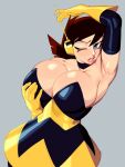  1girl arm_up armpits blue_eyes breasts brown_hair cleavage detached_sleeves english_commentary gloves grabbing_own_breast grey_background highres large_breasts looking_at_viewer marvel nezulet one_eye_closed standing upper_body wasp_(marvel) 