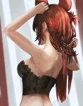  1girl absurdres adjusting_hair advarcher animal_ears armpits arms_up bare_shoulders breasts bustier commentary_request from_behind hakos_baelz highres hololive hololive_english long_hair medium_breasts mouse_ears police profile red_hair sideboob solo upper_body virtual_youtuber 