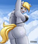  anthro anthrofied bikini bikini_top blonde_hair blush blush_lines bottomless breasts butt clothed clothing cutie_mark day derp_eyes derpy_hooves_(mlp) digital_media_(artwork) equid equine feathered_wings feathers female friendship_is_magic grey_body grey_feathers hair hasbro hi_res mammal my_little_pony open_mouth pegasus raised_arm side_boob sky solo swimwear tail topwear wings yellow_eyes yellow_tail zachc 