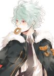  1boy aqua_hair black_jacket black_necktie blush collar_x_malice collared_shirt doughnut food food_in_mouth fur-trimmed_jacket fur_trim highres jacket long_sleeves looking_to_the_side male_focus necktie red_eyes sasazuka_takeru shirt short_hair solo suspenders white_background white_shirt yukiralu 