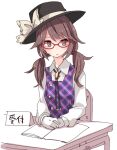  1girl brown_hair chair desk fedora gloves hat long_sleeves low_twintails plaid plaid_vest purple_vest quimbaya_airplane red-framed_eyewear school_desk school_uniform shiroshi_(denpa_eshidan) touhou translation_request twintails upper_body usami_sumireko vest 