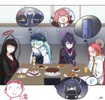  1boy 5girls antenna_hair arona&#039;s_sensei_doodle_(blue_archive) aru_(blue_archive) atsuko_(blue_archive) bangs baseball_cap black_eyes black_hair blue_archive blue_eyes blunt_bangs bow bowtie braid cake choker commentary_request croissant cup cupcake demon_girl demon_horns doughnut drinking_glass food fork gradient_hair green_hair grey_eyes hair_between_eyes hair_ornament hairband hairclip halo haruka_(blue_archive) hat highres hiyori_(blue_archive) hooded_coat horns jpark locker long_hair long_sleeves looking_away low_twintails mask misaki_(blue_archive) mouth_mask multicolored_hair multiple_girls nervous orange_juice parfait parted_bangs plate pudding purple_eyes purple_hair red_hair saori_(blue_archive) scared school_uniform sensei_(blue_archive) serafuku short_hair side_ponytail sidelocks single_braid spoken_character spoken_sweatdrop strawberry_shortcake sweatdrop swiss_roll table tea teacup thought_bubble thumbs_up trait_connection tsurugi_(blue_archive) turtleneck twintails ui_(blue_archive) video_call yuzu_(blue_archive) 