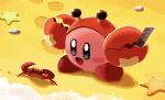  :d animal_costume aruco_co beach blue_eyes blush blush_stickers commentary_request copy_ability crab day footprints highres kirby kirby_(series) no_humans open_mouth outdoors rock sand shore smile solo standing starfish water 