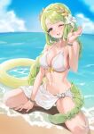  1girl ;d absurdres afk_arena bare_arms bare_shoulders beach bikini braid breasts character_request cleavage collarbone day flower front-tie_bikini_top front-tie_top green_eyes green_hair hair_flower hair_ornament hand_up highres innertube large_breasts long_hair looking_at_viewer navel one_eye_closed open_mouth outdoors sarong single_braid sitting smile solo stomach string_bikini swimsuit thighs very_long_hair wariza water white_bikini yan.c 