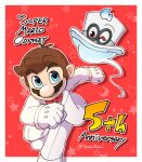 1boy blue_eyes border bow bowtie brown_hair cappy_(mario) english_text facial_hair formal gloves jacket mario mario_(series) mario_(tuxedo) mustache pants red_background red_bow red_bowtie short_hair simple_background suit super_mario_odyssey syaon_tshscl white_border white_gloves white_jacket white_pants white_suit 