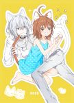  1boy 1girl accelerator_(toaru_majutsu_no_index) ahoge albino ambiguous_gender androgynous animal_ears arrow_(symbol) bangs bird black_choker brown_eyes brown_hair cat cat_ears cat_tail choker collarbone covering_mouth dated dress duck electrodes female_child full_body grey_pants hair_between_eyes hand_in_own_hair hands_up kemonomimi_mode last_order_(toaru_majutsu_no_index) long_sleeves looking_at_another loose_clothes loose_shirt lying motion_lines official_alternate_costume on_side outline pale_skin pants polka_dot polka_dot_dress red_eyes s_m_831 sanpaku shirt short_hair signature sitting sleeveless sleeveless_dress smile tail toaru_majutsu_no_index wariza white_hair white_outline white_shirt yellow_background 