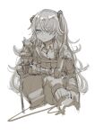  1girl collared_shirt commentary girls&#039;_frontline greyscale hair_ornament hair_over_one_eye highres long_hair looking_at_viewer mechanical_arms messy_hair mm_(kabokorooic) mod3_(girls&#039;_frontline) monochrome one_eye_closed one_side_up scar scar_across_eye shirt single_mechanical_arm sitting sketch solo ump45_(girls&#039;_frontline) very_long_hair 