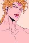  1boy blonde_hair collarbone commentary dio_brando earrings eyeshadow fangs heart highres jewelry jojo_no_kimyou_na_bouken licking_lips long_hair makeup male_focus muscular muscular_male pectorals pink_eyeshadow pink_lips scar scar_on_neck shenshan_laolin simple_background smile solo stardust_crusaders symbol-only_commentary tongue tongue_out topless_male vampire yellow_eyes 