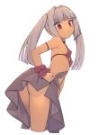  1girl adjusting_clothes arm_strap ass bikini breasts covered_nipples cowboy_shot cropped_legs everyntrge grey_hair grey_sarong hair_intakes highres long_hair looking_back original red_bikini red_eyes sarong sidelocks simple_background small_breasts solo swimsuit tan twintails white_background wrist_cuffs 