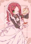  1girl absurdres andou_ringo apron black_dress blush cup dress futaba969649 green_eyes heart highres holding holding_cup long_hair looking_at_viewer maid maid_apron maid_headdress one_eye_closed puyopuyo red_hair solo teapot twintails 