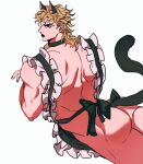  1boy animal_ears apron ass back black_lips black_nails blonde_hair cat_boy cat_ears choker closed_mouth commentary_request crossdressing dio_brando frilled_apron frills frown highres jojo_no_kimyou_na_bouken lips long_hair looking_at_viewer looking_back maid male_focus muscular muscular_male naked_apron nude shenshan_laolin simple_background solo stardust_crusaders tail white_background yellow_eyes 