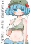  1girl adjusting_clothes bangs bare_shoulders blue_eyes blue_hair blush_stickers bob_cut breasts cabbie_hat clothes_around_waist clothes_pull collarbone commentary english_text frown gloves green_headwear grey_panties grey_sports_bra groin hair_bobbles hair_ornament hat kawashiro_nitori looking_at_viewer medium_breasts navel open_mouth panties short_hair simple_background solo sports_bra sports_bra_pull standing sweat touhou translated twitter_username two_side_up underwear upper_body white_background white_gloves zannen_na_hito 