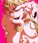 1boy black_lips black_nails blonde_hair bracelet commentary dio_brando fingernails hand_on_own_face head_rest highres jewelry jojo_no_kimyou_na_bouken long_hair male_focus mole mole_on_ear muscular muscular_male necklace nipples pectorals pink_background ring scar scar_on_neck sharp_fingernails shenshan_laolin smirk stardust_crusaders symbol-only_commentary topless_male yellow_eyes 