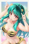  1girl :p bandeau bikini border commentary_request green_hair grey_border hands_up horns index_finger_raised long_hair looking_at_viewer lum navel orange_eyes outside_border smile solo stomach strapless strapless_bikini swimsuit ten_(tenchan_man) tongue tongue_out upper_body urusei_yatsura very_long_hair yellow_bikini 