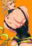  1boy ass back birthmark black_leotard black_lips black_nails blonde_hair closed_mouth commentary dio_brando earrings highres jewelry joestar_birthmark jojo_no_kimyou_na_bouken leotard long_hair looking_at_viewer looking_back male_focus muscular muscular_male no_pants orange_background shenshan_laolin simple_background smile solo stardust_crusaders symbol-only_commentary yellow_eyes 