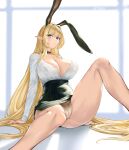  1girl absurdres animal_ears arm_support artist_request ass bare_legs black_choker black_skirt blonde_hair blue_eyes breasts cameltoe check_artist choker cleavage closed_mouth covered_nipples expressionless hair_intakes high-waist_skirt highres kkam-sang knee_up large_breasts long_hair long_sleeves looking_at_viewer miniskirt no_bra original panties pencil_skirt pointy_ears rabbit_ears rabii second-party_source shirt shirt_tucked_in side_slit sitting skirt solo thighs underwear very_long_hair white_panties white_shirt 