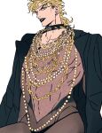  1boy abs black_coat black_lips blonde_hair coat collar commentary_request dio_brando earrings highres jewelry jojo_no_kimyou_na_bouken long_hair long_sleeves looking_at_viewer male_focus multiple_necklaces muscular muscular_male necklace pectorals photo-referenced see-through shenshan_laolin simple_background sitting smile solo spiked_collar spikes stardust_crusaders white_background yellow_eyes 