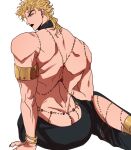  1boy anklet armlet ass back black_lips black_nails blonde_hair bracelet closed_mouth dio_brando earrings highres jewelry jojo_no_kimyou_na_bouken lips lipstick long_hair looking_at_viewer looking_back makeup male_focus muscular muscular_male shenshan_laolin simple_background sitting solo stardust_crusaders white_background yellow_eyes 