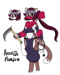 2023 3_toes 4_fingers absurd_res accessory amanita_manju_(anaugi) anaugi anthro arm_warmers armwear bow_ribbon clothing crop_top face_mask feet fingers girly hair hair_accessory hair_bow hair_ribbon headband hi_res long_hair looking_at_viewer male mammal melee_weapon midriff mustelid musteline navel ninja polearm ponytail red_eyes red_hair ribbons scarf scythe shirt simple_background solo stoat thong toes topwear true_musteline underwear warrior weapon weasel white_background 