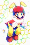  1boy antennae bee_mario blue_eyes boots co_co_mg facial_hair gloves helmet highres honeybee_(mario) looking_at_viewer mario mario_(series) mustache simple_background white_gloves yellow_overalls 