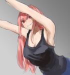  1girl armpits black_tank_top blue_pants breasts cleavage highres hololive hololive_english large_breasts light_smile long_hair looking_at_viewer md5_mismatch mori_calliope pants pink_hair red_eyes sideboob strideytidey sweat tank_top virtual_youtuber 