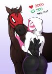 absurd_res big_butt blush brown_body brown_fur butt clothed clothing duo equid equine female feral fur gwen_stacy hi_res horse human male mammal marvel mask notkadraw spider-gwen superhero_costume tight_clothing 