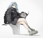  1girl absurdres backpack bag black_jacket blue_eyes blue_hair commentary computer countryman_(artist) crossed_legs earpiece expressionless full_body girls&#039;_frontline gloves grey_background highres holding_laptop jacket laptop long_hair looking_at_viewer mk_153_(girls&#039;_frontline) shoes simple_background sitting sneakers socks solo white_gloves white_socks wire 