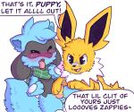  anthro bodily_fluids cum duo eeveelution ejaculation electricity electrostimulation feral generation_1_pokemon generation_4_pokemon genital_fluids genitals hi_res humiliation jolteon male male/male nintendo penis penis_humiliation pokemon pokemon_(species) riolu sin_tokki small_penis small_penis_humiliation 
