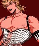  1boy black_lips black_nails blonde_hair collarbone dio_brando hand_on_hip highres jewelry jojo_no_kimyou_na_bouken large_pectorals long_hair makeup male_focus muscular muscular_male nipple_bar nipple_piercing nipples parted_lips pectorals piercing red_background scar scar_on_neck shenshan_laolin simple_background solo stardust_crusaders yellow_eyes 