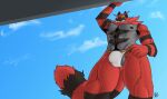  abs absurd_res anthro armpit_hair backlighting balls blue_sky body_hair bulge clothed clothing cloud fourbythree generation_7_pokemon genitals green_eyes grin hi_res incineroar jockstrap light lighting looking_at_viewer low-angle_view male muscular nintendo partially_clothed pokemon pokemon_(species) pubes signature sky smile solo underbite underwear veiny_arms yellow_sclera 