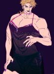  1boy abs bare_shoulders black_lips blonde_hair closed_mouth collarbone crossdressing dio_brando eyelashes highres jewelry jojo_no_kimyou_na_bouken large_pectorals lips lipstick long_hair looking_away makeup male_focus muscular muscular_male pectorals purple_nails see-through see-through_camisole shenshan_laolin smile solo stardust_crusaders thick_thighs thighs yellow_eyes 